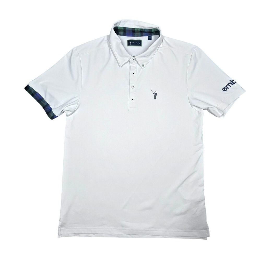 William Murray Golf Polo Shirt Mens Medium White Plaid Trim Stretch Embark Logo
